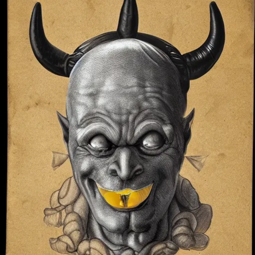 Image similar to antropomorphic lemon with devil horns sorts an archive, lemon person, person with lemon head, devil horns, archive, realistic photograph, dark