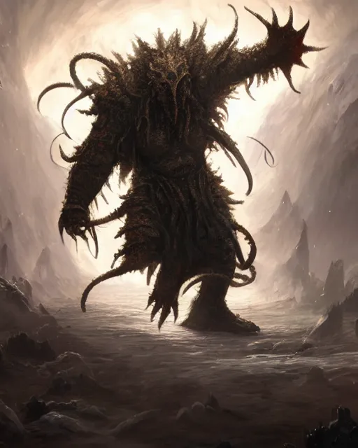 Image similar to oil painting of Angry Anthropomorphized Cthulhu Berserker, wearing fur armor, claws, sharp focus, attack pose, fantasy style, octane render, volumetric lighting, 8k high definition, by greg rutkowski, highly detailed, trending on art Station, magic the gathering artwork, burning Battlefield background, centered