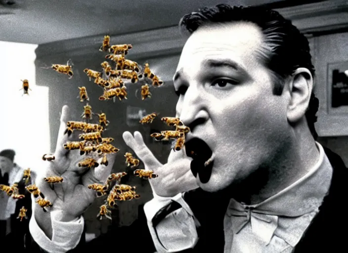 Prompt: film still of ted cruz as the candyman with bees coming out of his mouth in candyman 1 9 9 2