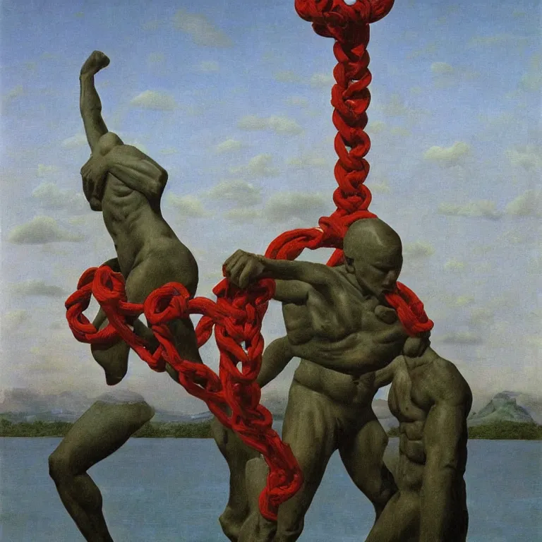 Prompt: A Monumental Public Sculpture of a 'Triumphant Hercules made out of Red Rope Licorice' on a pedestal by the lake, surreal oil painting by Rene Magritte and Max Ernst shocking detail hyperrealistic!! Cinematic lighting