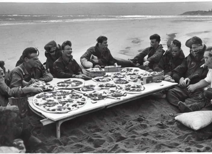 Image similar to vintage photo of a pizza party on omaha beach in normandy