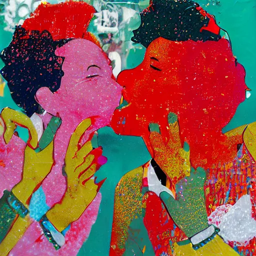 Image similar to two women kissing at a carnival, mixed media collage, retro, paper collage, magazine collage, acrylic paint splatters, double exposure,