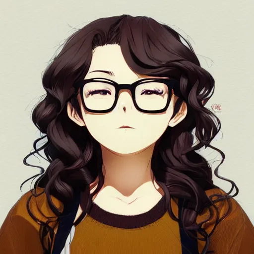 Prompt: An anime portrait of a chubby, plus-sized, beautiful Latina woman with shoulder-length curly dark brown hair, brown eyes, normal nose, glasses, wearing a sweater, by Stanley Artgerm Lau, WLOP, Rossdraws, James Jean, Andrei Riabovitchev, Marc Simonetti, and Sakimi chan, trending on artstation