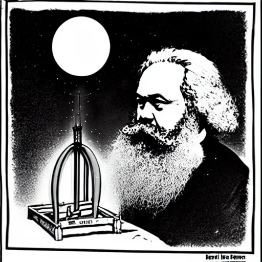 Image similar to Karl Marx pondering his orb, solar punk