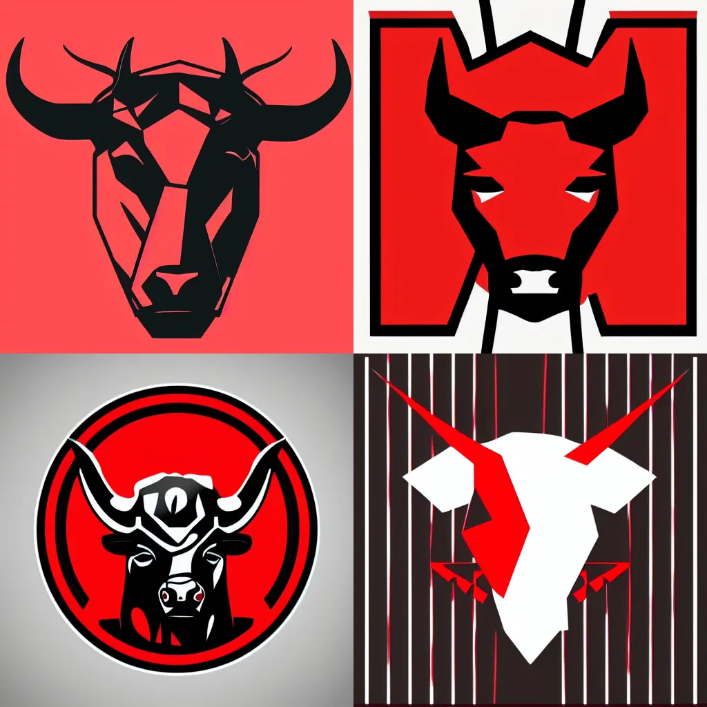 Prompt: a charging bull, modern, angular, aggressive, stylized, classic, red, black, pictorial mark, vector logo