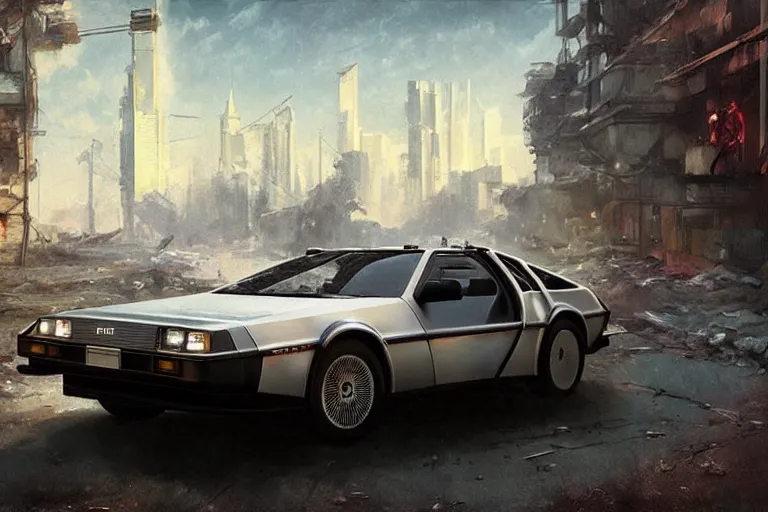 Image similar to photograph of the delorean, with a sleek spoiler, driving down the streets of a cyberpunk abandoned city, by greg rutkowski, by stanley artgerm, by alphonse mucha