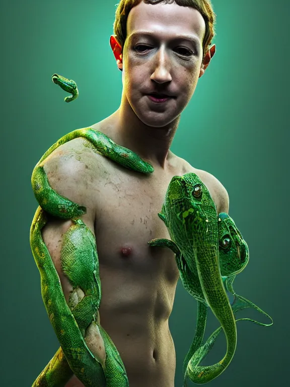 Prompt: portrait of a mark zuckerberg, skin peeling away to reveal green! scales!, forked snake tongue sticking out, art by ryo shiotani and greg rutkowski, intricate, beautiful, cinematic lighting, vintage art by serge ivanoff, high resolution, very detailed