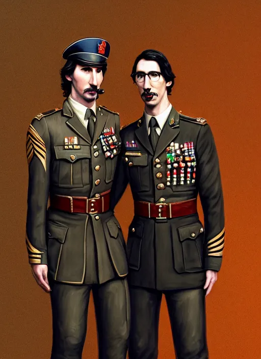 Image similar to a portrait of john oliver and adam driver posing together, stoic, military uniform, fantasy, intricate, elegant, beautiful, highly detailed, centered, digital painting, artstation, concept art, smooth, sharp focus, art style by klimt and nixeu and ian sprigger and wlop and krenz cushart