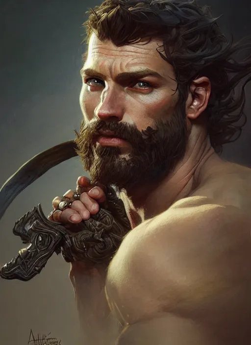 Image similar to Portrait of rugged male ranger, D&D, muscular, fantasy, intricate, elegant, highly detailed, digital painting, artstation, concept art, smooth, sharp focus, illustration, art by artgerm and greg rutkowski and alphonse mucha