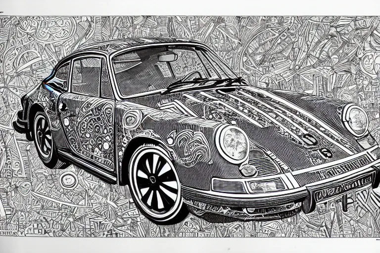 Image similar to a black and white drawing of a porsche 9 1 1, a detailed mixed media collage by hiroki tsukuda and eduardo paolozzi and moebius, intricate linework, sketchbook psychedelic doodle comic drawing, geometric, street art, polycount, deconstructivism, matte drawing, academic art, constructivism