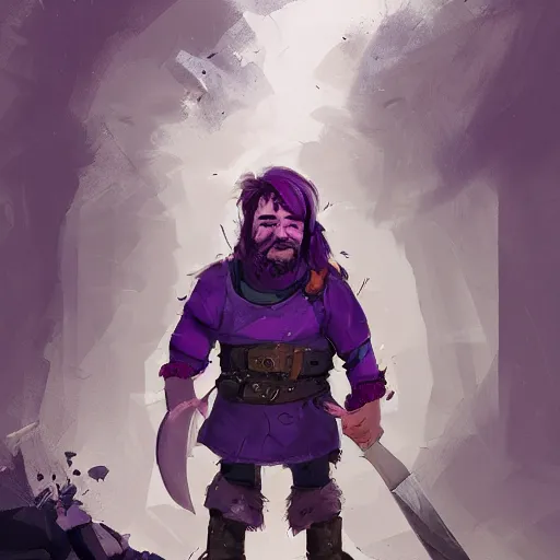 Image similar to male dwarf youth adventurer with purple skin, by Ismail Inceoglu, wearing leather adventuring clothes, shabby, short, kid, bald, wielding knife, happy grin, character portrait closeup, digital art, dungeons and dragon, character