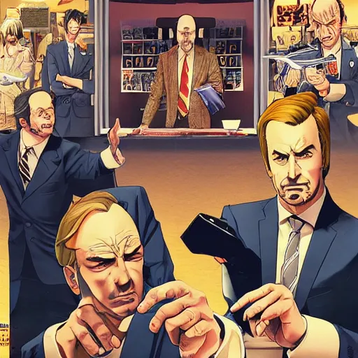 Image similar to Better Call Saul, manga cover illustration by Tomoyuki Yamasaki, Kyoto Studio, Madhouse, Ufotable, detailed HD, trending on artstation