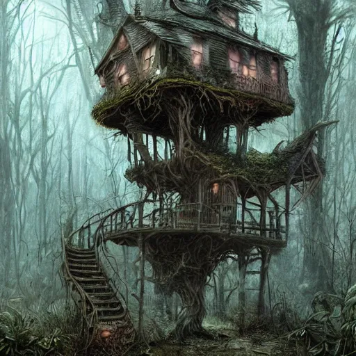 Image similar to dilapidated rotting treehouse, hidden away within the witchwood forest, evil fairies, overgrown, mist, detailed intricate ink illustration, dark atmosphere, detailed illustration, hd, 4k, digital art, overdetailed art, concept art, by greg rutkowski, by loish, complementing colors, Trending on artstation, deviantart