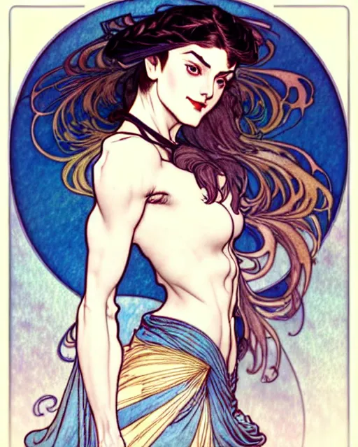 Image similar to in the style of artgerm, arthur rackham, alphonse mucha, phoebe tonkin, symmetrical eyes, symmetrical face, flowing blue skirt, full entire body, hair blowing, intricate filagree, hidden hands, warm colors, cool offset colors