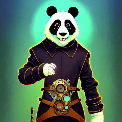 Prompt: don bluth, loish, artgerm, joshua middleton, steampunk, clockpunk anthropomorphic panda, full sailor suit, symmetrical eyes symmetrical face, colorful animation forest background