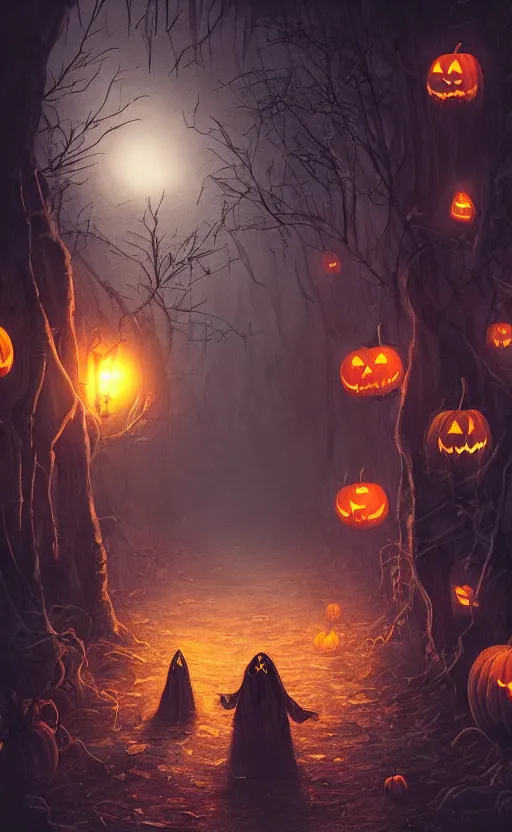 Image similar to a creepy and eery Halloween setting, with Jack o lanterns on the street and shadow figures lurking about, dynamic lighting, photorealistic fantasy concept art, stunning visuals, creative, cinematic, ultra detailed, trending on art station, spooky vibe