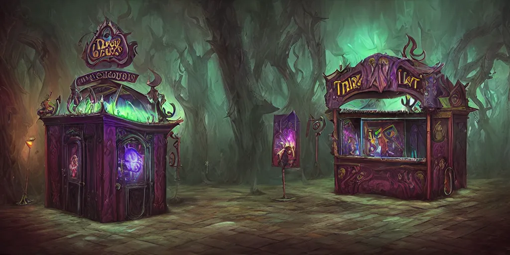 Prompt: a dark fantasy side view of a evil circus ticket booth, tim burton, world of warcraft, league of legends