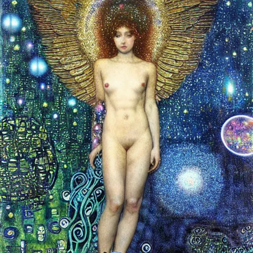 Image similar to dreamy angels cybernetic, in the cosmos, 🌌 intricate detail, klimt, royo,