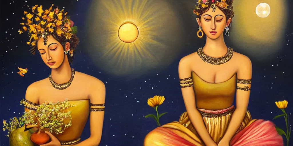 Image similar to very realistic beautiful painting of a goddess wearing a short metallic golden skirt holding flowers and levitating a pear, sun on the left moon on the right as she is sitting on a rock at night time, realistic 8K HD