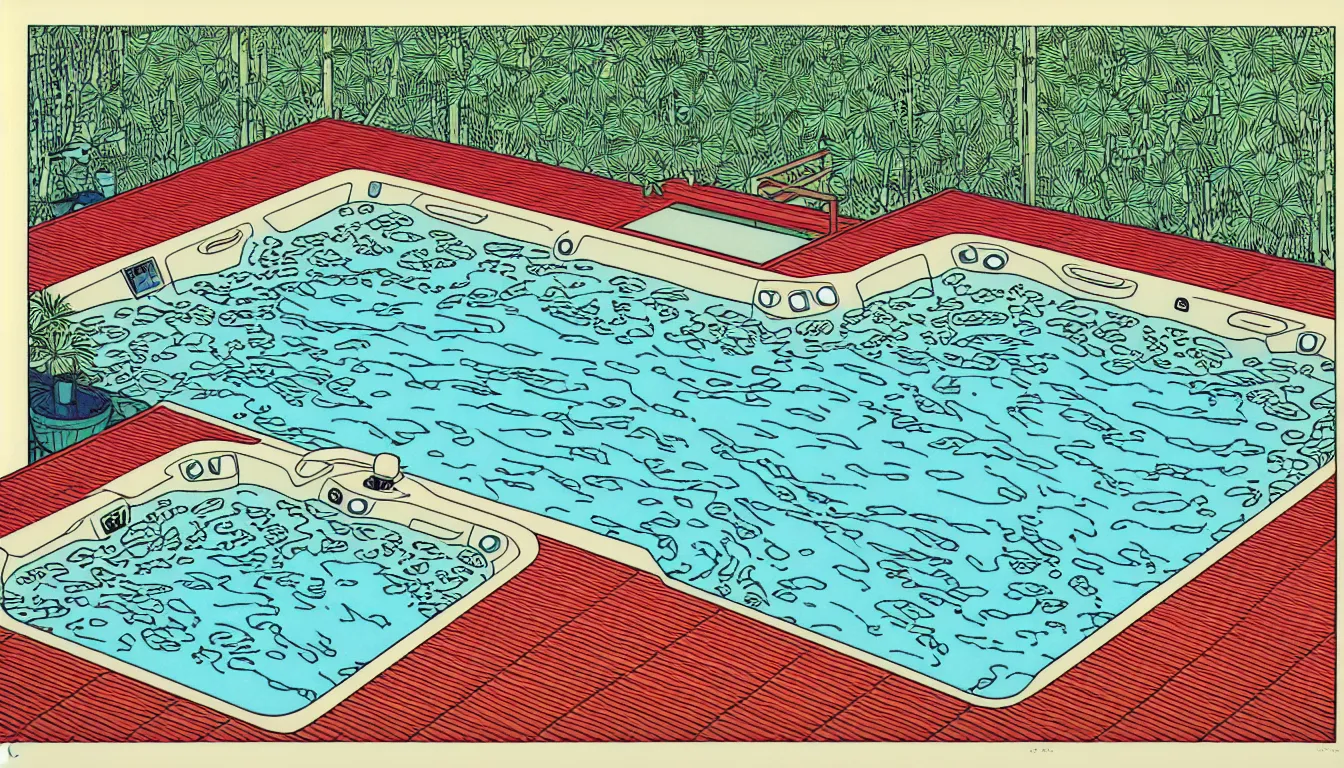 Image similar to hot tub in the backyard by woodblock print, moebius