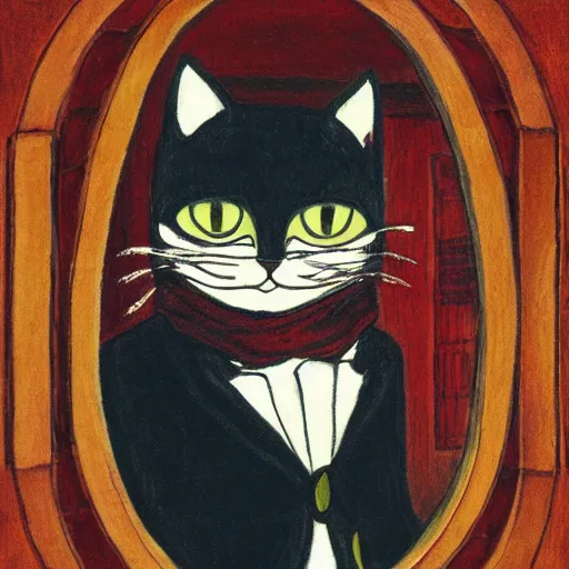 Prompt: portrait of a cat wearing a burglar mask in a scenic environment by louis wain