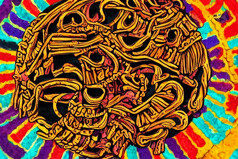 Prompt: aztec skull made of churros!!!!!!!!!!!!!!!!!!!!!!!!, digitally painted centered, uncropped
