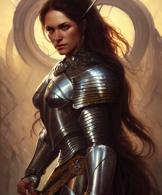 Prompt: Muscular and powerful medieval knight woman portrait full face, sci-fi, amber eyes, face, long hair, fantasy, intricate, elegant, highly detailed, digital painting, artstation, concept art, smooth, sharp focus, illustration, art by artgerm and greg rutkowski and alphonse mucha