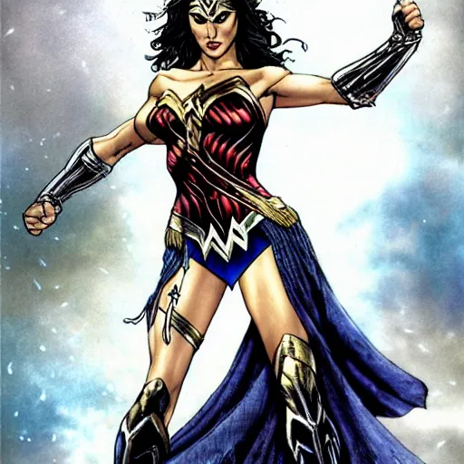 Prompt: Gal Gadot as Wonder Woman, full body illustration by Luis Royo