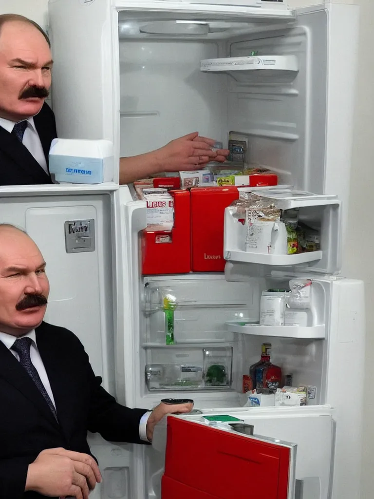 Image similar to lukashenka with stupid face tells there's no any viruses because it's a fridge near hospital with deaths
