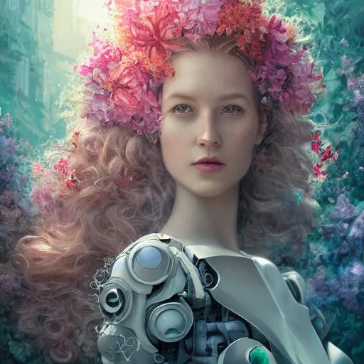 Prompt: a beautiful fine art RPG portrait photo of a sleeping robot female cyborg, spread out wavy hair covered by hibiscus, daffodils, hydrangea, montsera leaves by tom bagshaw, soft studio lighting, soft vignette, 50mm lens, very detailed, bionic, cybernetic scifi, deep depth of field, artstation, 4K