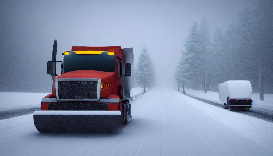 Image similar to A cozy Snowplow! stuck in the heavy snow of a beautiful snowy landscape. A blizzard and heavy snow falls. Fog and mist, highly detailed, concept art, digital art, 4k, high snow