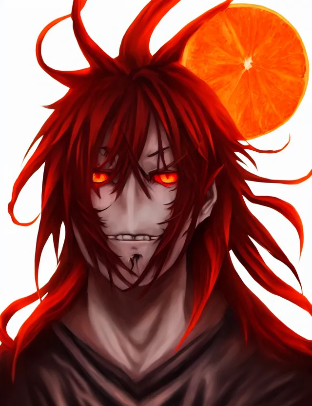 Image similar to a detailed manga portrait of a shadowy dark handsome boy with long crimson hair and glowing orange eyes and fangs, trending on artstation, digital art, 4 k resolution, detailed, high quality, sharp focus, hq artwork, coherent, insane detail, character portrait