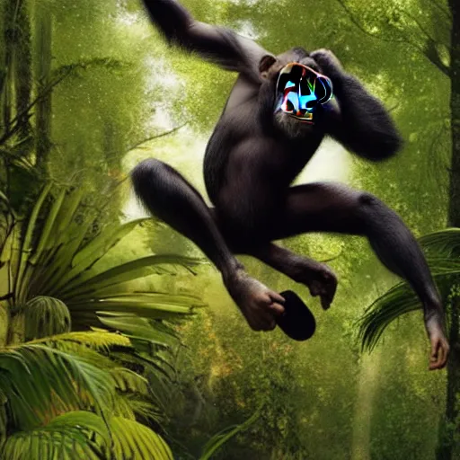 Image similar to Angry Chimpanzee Jumping, Epic Jump, Cinematic Photo, Cinematic Shot, Jungle, Foliage Boris Vallejo, Epic, 8k resolution, ArtStation, Hyperrealistic