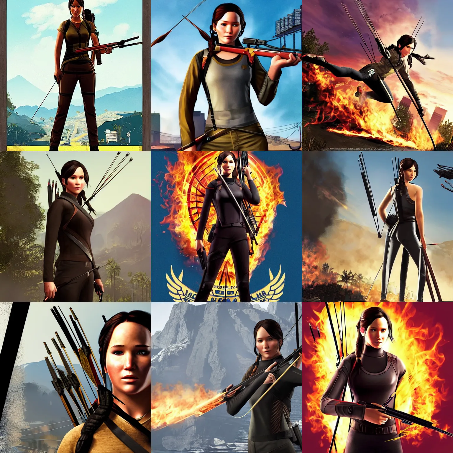 Prompt: katniss everdeen in gta v, cover art by stephen bliss, boxart, loading screen