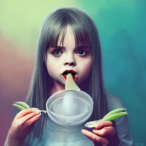 Prompt: young vampire christina ricci eating a clove of garlic, art by beeple