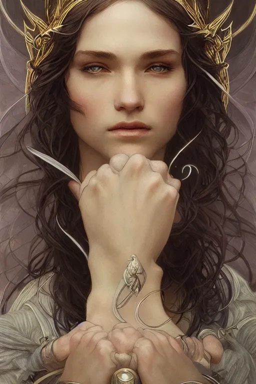 Image similar to beautiful lord of the rings elf, intricate, elegant, highly detailed, digital painting, artstation, concept art, smooth, sharp focus, illustration, art by artgerm and greg rutkowski and alphonse mucha