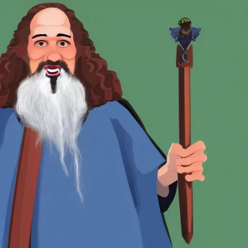 Prompt: richard stallman but dressed as a wizard with a wand in its hand