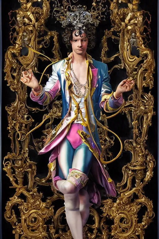 Image similar to full-body bladerunner neon rococo style sculpture of a young handsome Spanish prince as a half cibernetic android with a chest opening exposing circuitry and electric sparks, glowing laser beam eyes, crown of giant diamonds, flowing neon-colored silk, fabric, raptors. baroque elements. full-length view. baroque element. intricate artwork by caravaggio. many many birds birds on background. Trending on artstation, octane render, cinematic lighting from the right, hyper realism, octane render, 8k, depth of field, 3D