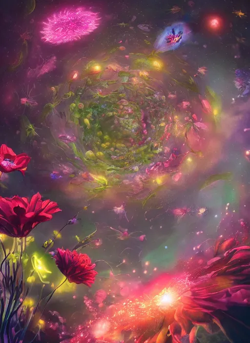 Image similar to An epic fantastic realism comic book style painting of the most beautiful spiraling flowers launched across the dark and starry Universe, floating bouquets, fisheye lens, unreal 5, DAZ, hyperrealistic, octane render, dynamic lighting