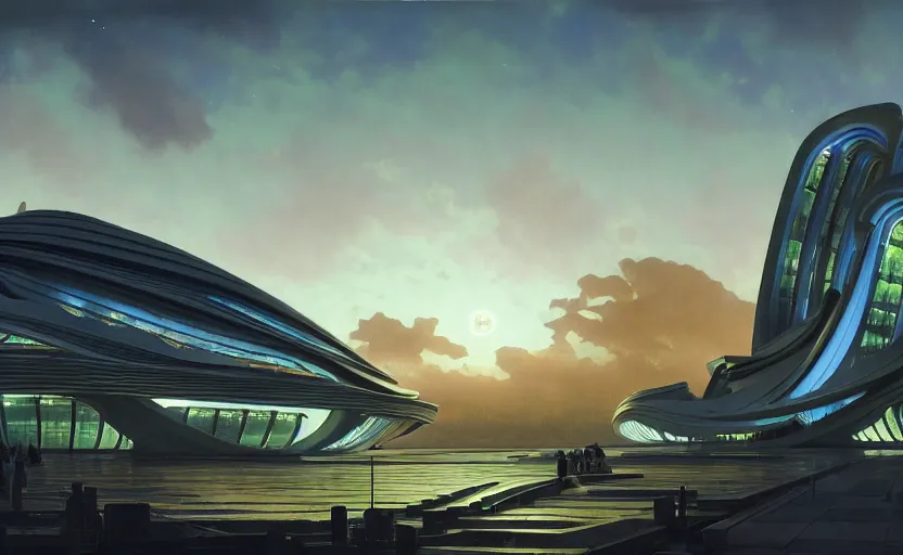 Image similar to exterior shot of utopian architecture building with cinematic lighting by zaha hadid and renzo piano, darek zabrocki and greg ruthkowski, alphonse mucha, simon stalenhag, cinematic, stars, beautiful, holy place, paradise, scifi, futurism, atmospheric, sunset, concept art, artstation, trending on artstation