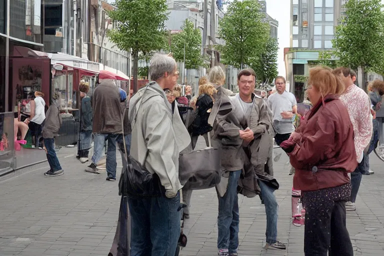 Image similar to candid street photo of random people from the year 2002, in the centre of Eindhoven