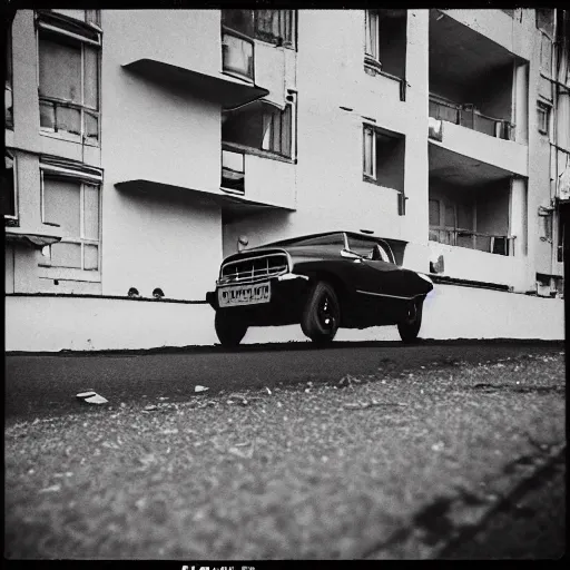 Image similar to low angle close to shot of russian car in soviet yard with block of flats, low grain film,polaroid, masterpiece, f 1.6, bokeh, mid day in style of william egglestone