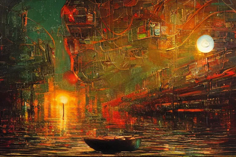 Prompt: river boats speeding between spherical tree houses on flooded streets of new york painting, red and green palette, night lights, starry sky, by ( h. r. giger ) and paul lehr