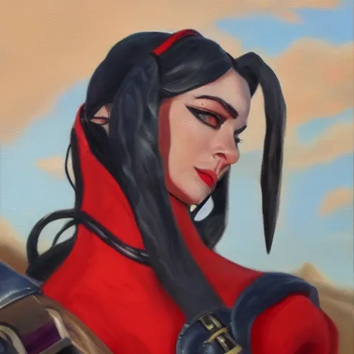 Prompt: oil painting of widowmaker from overwatch in the desert riding on a horse, black and red jacket, collar around neck, very detailed face, feminine face, full body