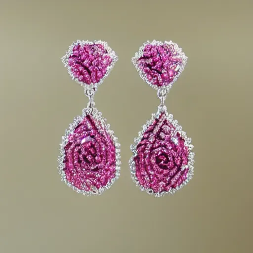 Prompt: jewelry design, a pair of pink crystal rose earrings