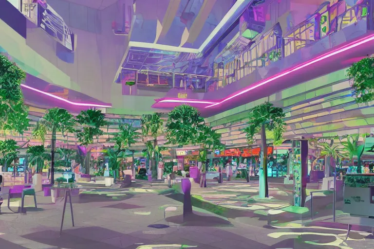 Image similar to overgrown vaporwave 9 0's mall food court converted into a sanctuary by cybernetic cult, concept art