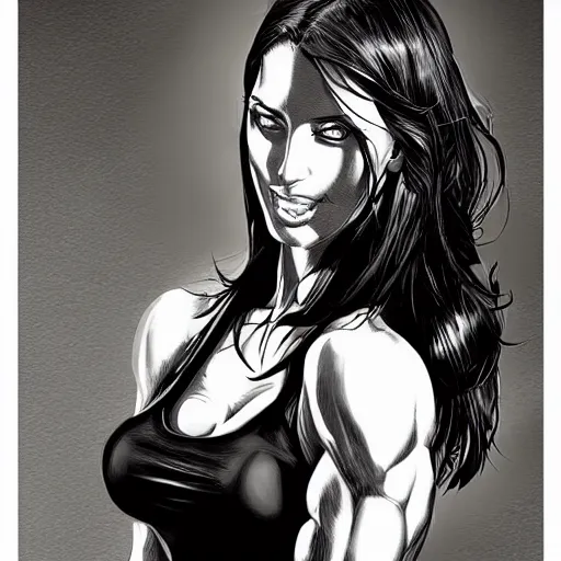 Image similar to a black haired woman in a black tank top, muscular upper body, abs, d & d, fantasy, intricate, elegant, highly detailed, digital painting, artstation, concept art, smooth, sharp focus, illustration, art by mike deodato