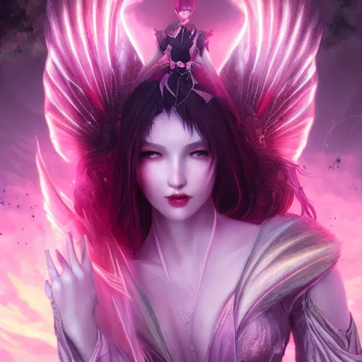 Image similar to young vampire princess with burning wings in a pink castle 4 k high definition gorgeous dramatic lighting artstation trending path traced contrast light and dark cinematic breathtaking by hughes, edward robert, noriyoshi ohrai and hans zatzka