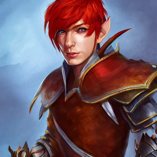 Prompt: character portrait, D&D, male half-elf, artificer, short red hair shaved on sides, white jacketed, half-plate armor, artstation, ultra detailed, in the style of terese nielsen