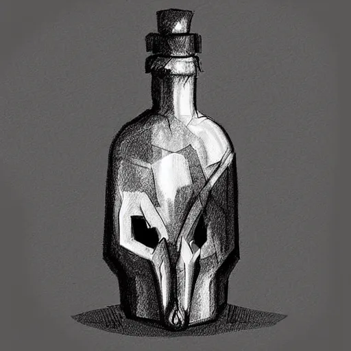 Prompt: a bottle that contains a potion, shaped like a fox skull stoppered. digital charcoal sketch. prop design. # digitalsketch # monochrome # sketch # ink # characterdesign # dndcharacter # charactersketch # characterconcept # conceptart